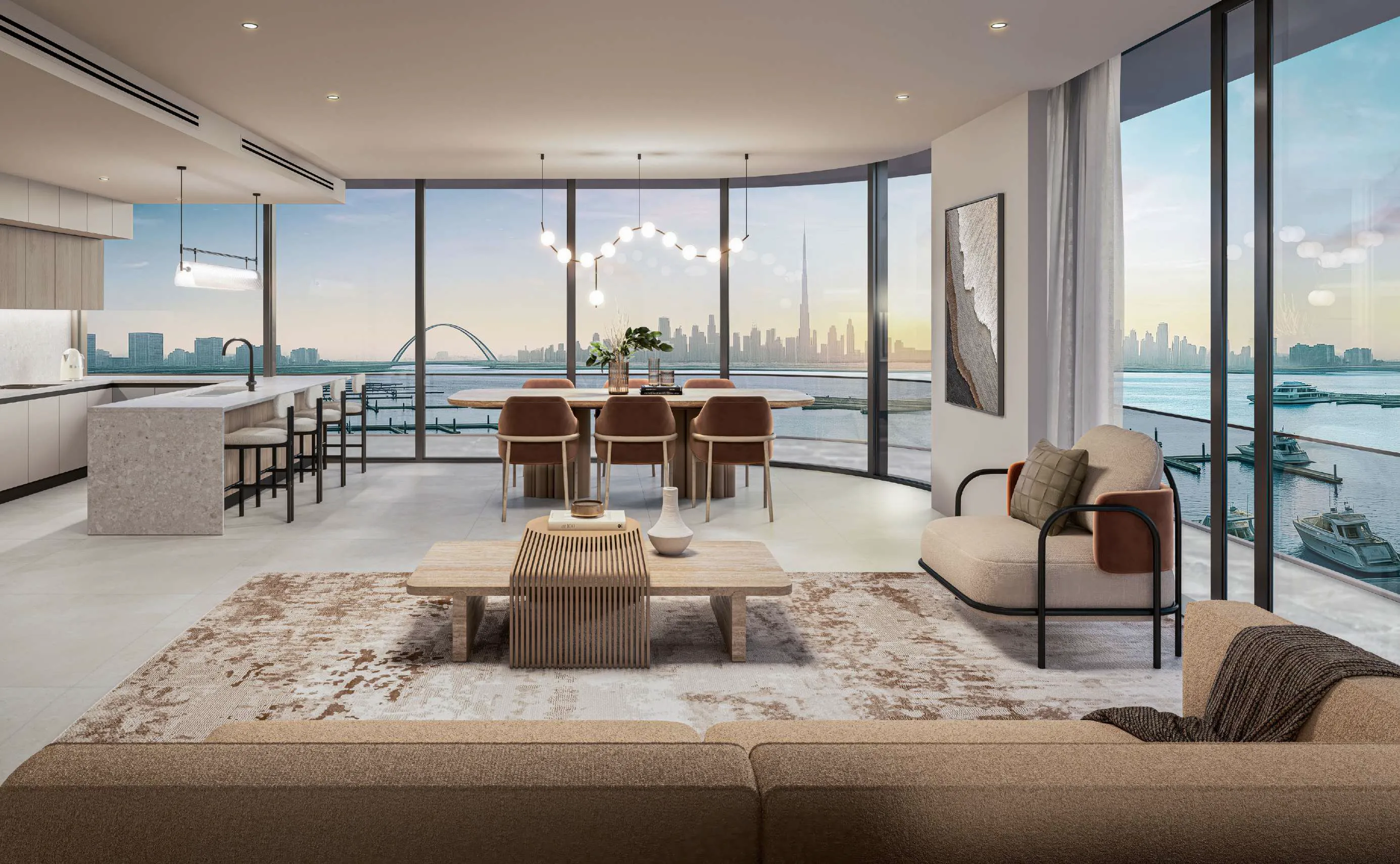 LIV Oceanside living and dining room with panoramic Dubai skyline views